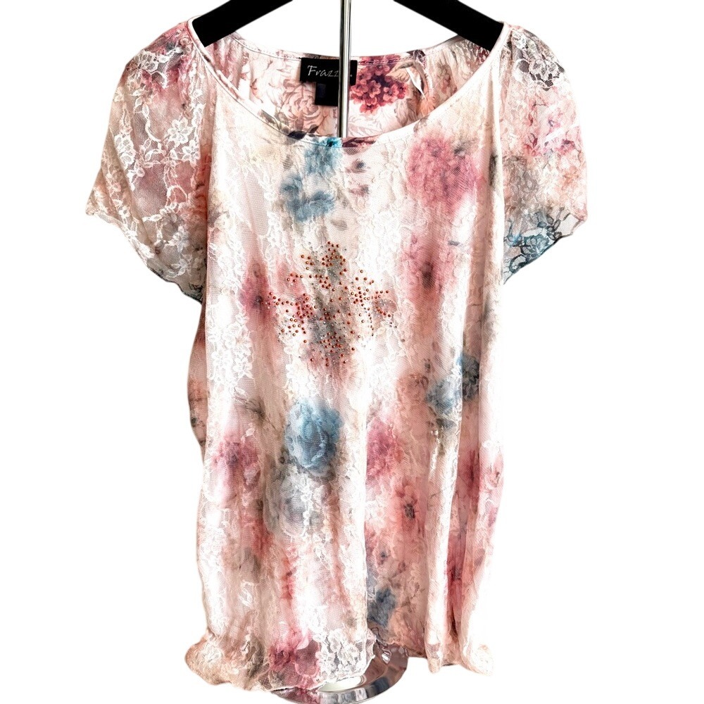 Frazzle Floral Lace Rhinestone Top M Short Sleeve Festival Dainty Fairy Summer